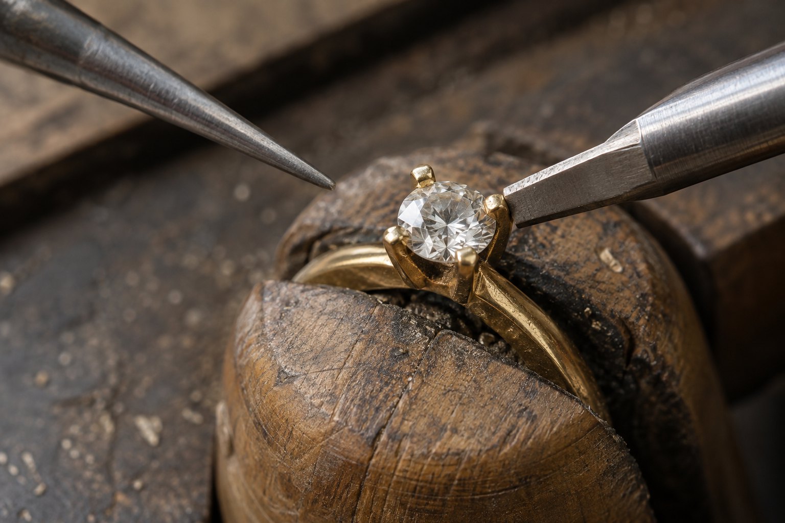 Engaste de un diamante en un anillo solitario de oro en el banco de trabajo